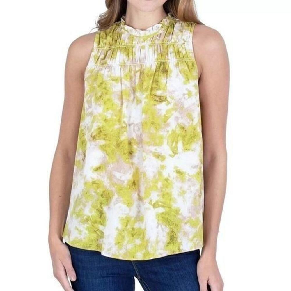 Joie Summer Porcelain Top Womens‎ Size XXL White/Green Smocked Neck Sleeveless